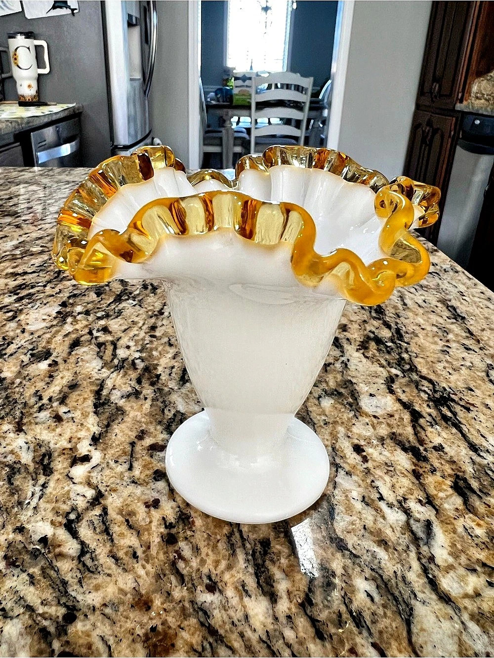 Fenton Gold Crest Milk Glass Trumpet Vase White & Gold - UV Reactive